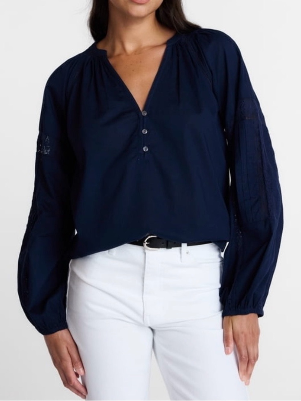 Time and Tru Dark Navy Peasant Blouse with Lace-Sleeve Detail - Women Size L